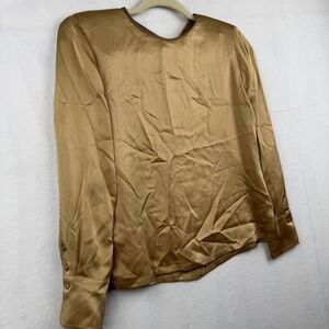 Dana Buchman Petite Silk Button‎ Down Blouse, Gold Long Sleeve Top, Size 2P
